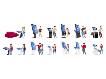 People using self order kiosks flat color vector faceless characters set preview picture