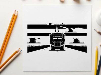 Truck driving down a highway in silhouette at dusk