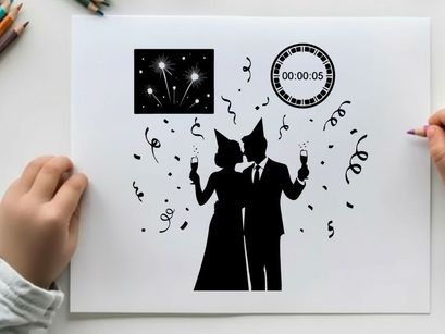 New year's eve celebration silhouette with fireworks and music notes