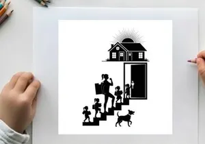 Silhouette of family leaving home for school and work