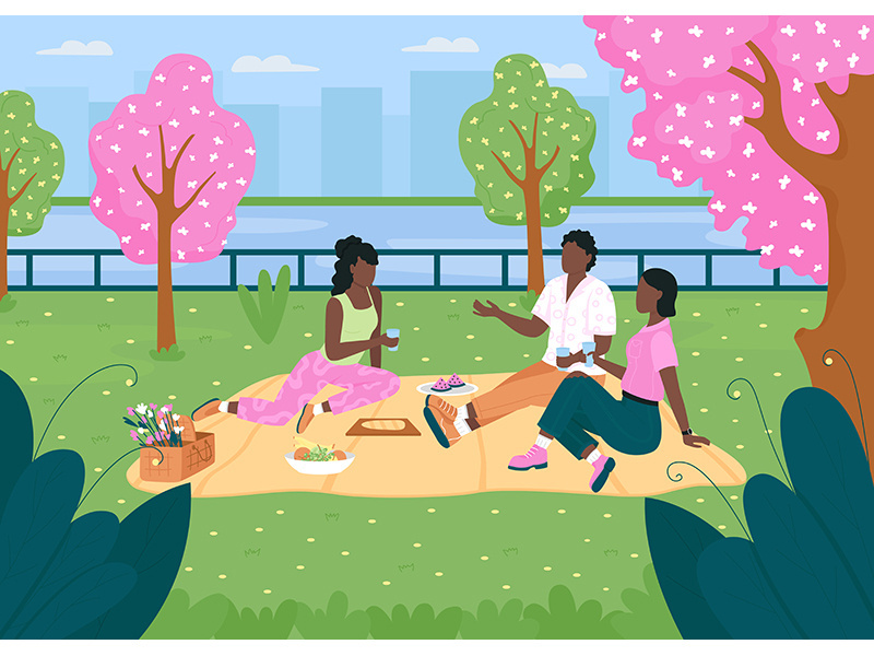 African american friend group on picnic flat color vector illustration