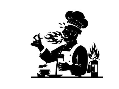 Silhouette of a chef cooking with flames and utensils