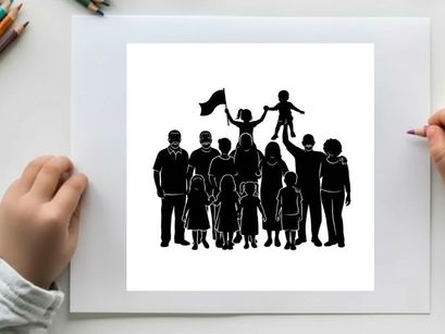 Silhouette of a diverse family with a child on father's shoulders waving a flag