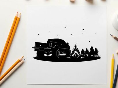 Silhouette of a vintage truck parked by a campfire with friends