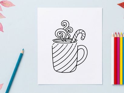 Hand-drawn steaming Christmas coffee mug with candy cane stirrer and swirl steam illustration