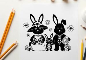 Easter bunny silhouette with flowers and eggs