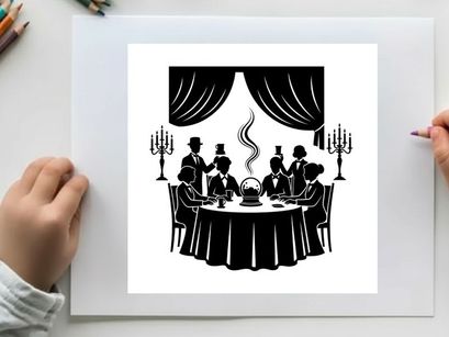 Silhouette of a formal dinner party with waiters and guests
