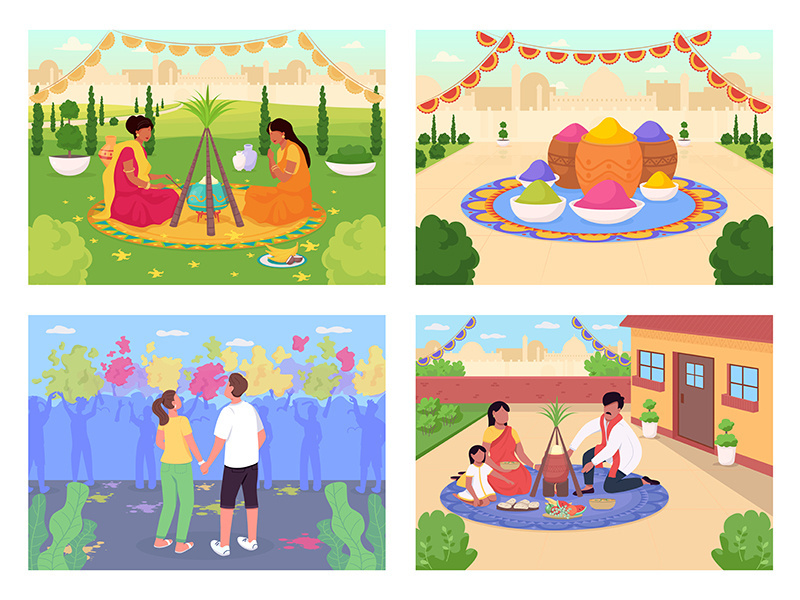 Indian holidays flat color vector illustration set