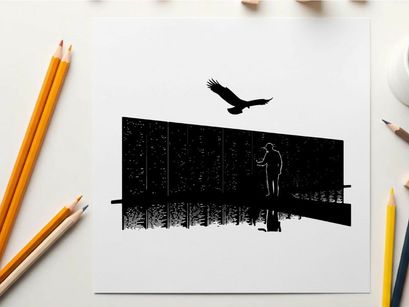 Silhouette of man and bird on a reflective surface with grid wall