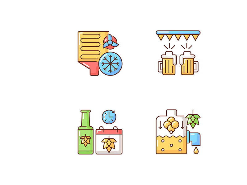 Brewery production RGB color icons set