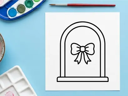 Elegant bow illustration on arched frame. Classic decorative ribbon vector design for invitations and crafts.