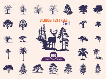 Silhouettes Trees Set, Pine Tree fir pruce cedar white patch alder elm birch ash cypress beech palm tree. preview picture