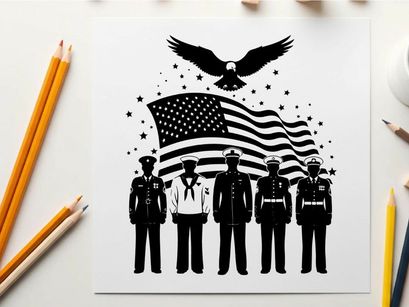 American patriotic silhouette of soldiers and flag with eagle