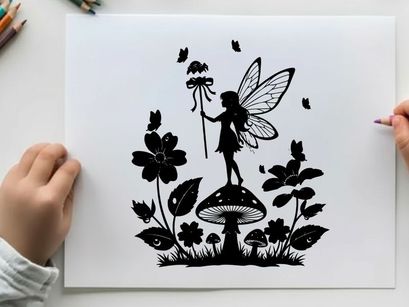 Whimsical silhouette of fairy on mushroom with flowers and butterflies