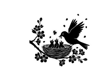 Silhouette of bird feeding chicks in nest on blooming branch