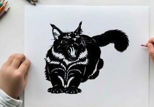 A silhouette of an aggressive black cat with mouth open and tail raised