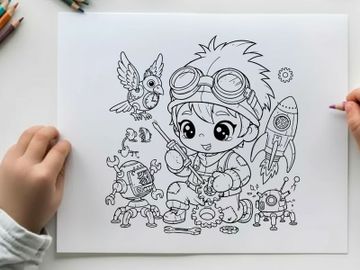 Cute scientist kid with gadgets and space vector illustration preview picture
