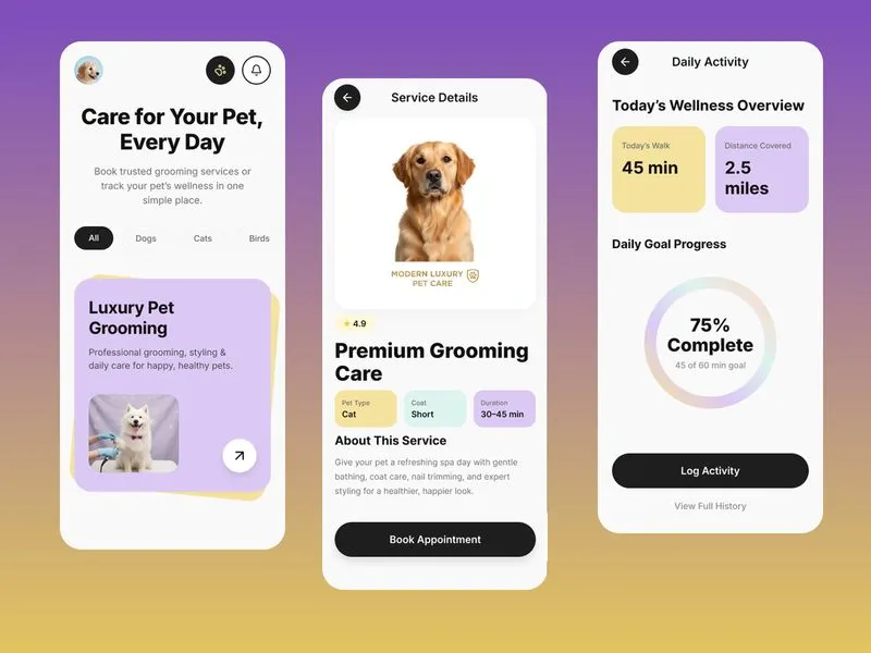 Luxury Pet Grooming & Wellness App Design | Modern Mobile UI Cas