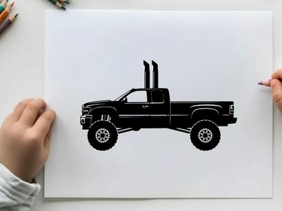 Silhouette of a black pickup truck with exhaust pipes