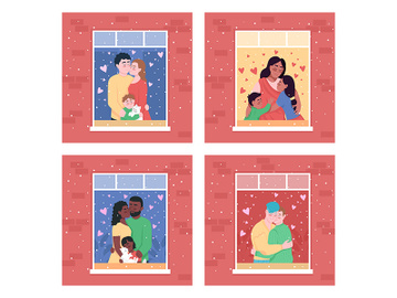 Happy family in home window flat color vector illustration set preview picture