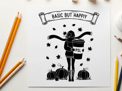 Silhouette of a happy woman with pumpkins and psl silhouette