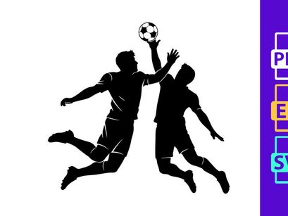 Two soccer players jumping to head a ball in mid air competition