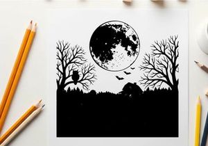 Silhouette of a spooky halloween night with full moon and bats flying