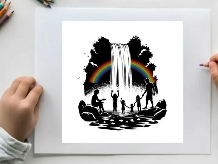 Silhouette of family enjoying a beautiful rainbow and waterfall