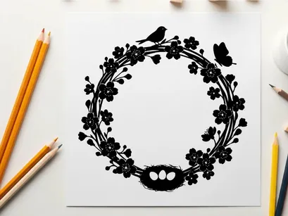 Silhouette of bird butterfly and floral wreath design