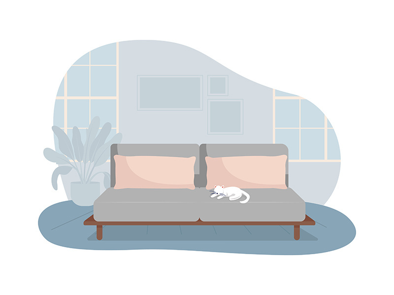 Living room with grey sofa 2D vector isolated illustration