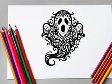 Komplexes Schwarz-Weiß-Tattoo-Design mit Zucker-Schädel-Motiv für Halloween oder den Día de los Muertos