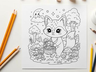 Cute fox with mushrooms basket vector illustration