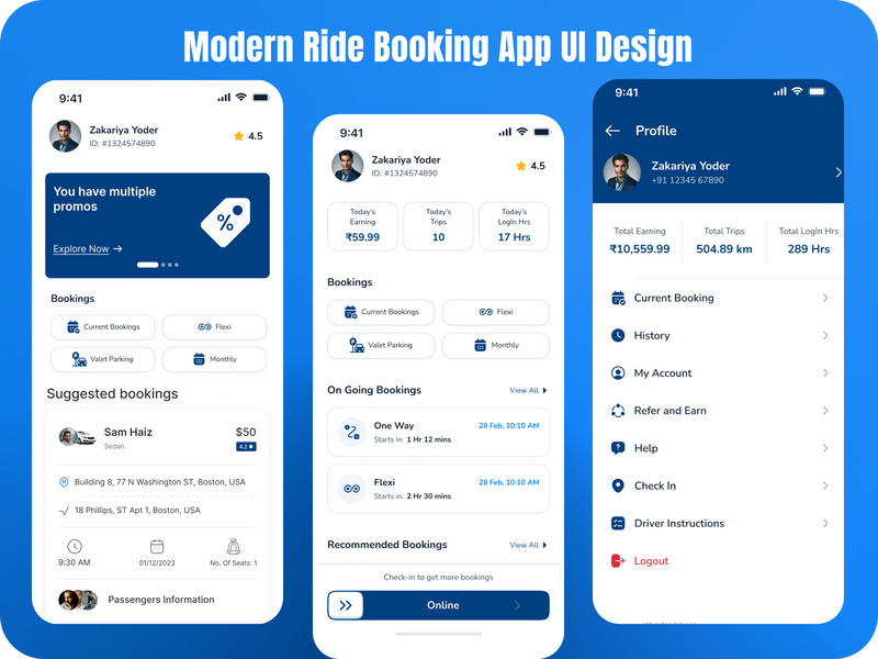 Modern Ride Booking App UI Design | Driver Dashboard & Profile S