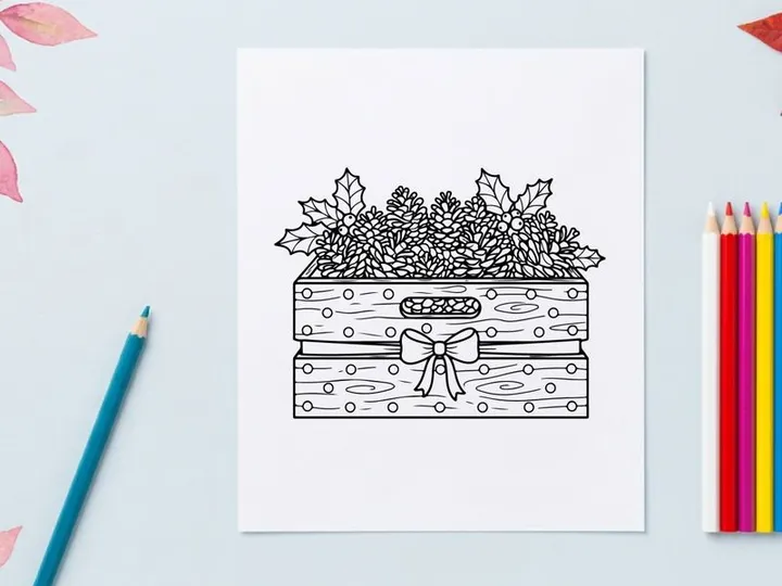 Hand-drawn Christmas gift box with holly wreath and decorative bow illustration