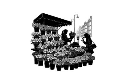 Silhouette of a flower vendor and customer on a city street preview picture
