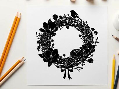 Silhouette of a floral wreath with bow and leaves