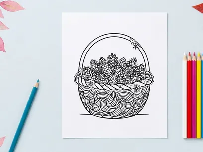 Woven basket filled with pine cones line art illustration