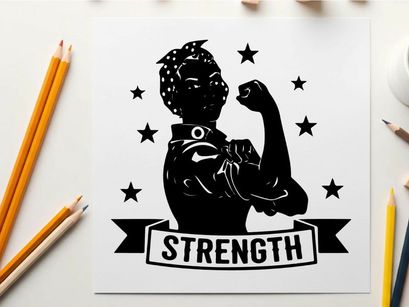 Silhouette of a strong woman flexing her muscle with stars and strength banner
