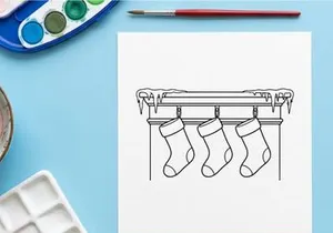 Line art illustration of Christmas stockings hanging on a mantel