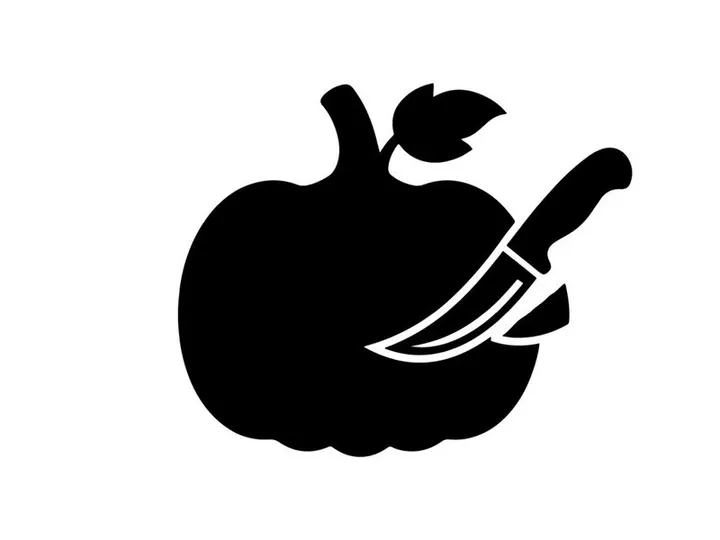 Black and white apple with knife and leaf silhouette for health and food themes