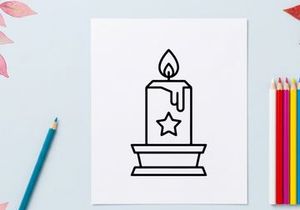 Hand-drawn Halloween candle with flame and star. Spooky hand-sketched jack-o'-lantern votive for festive autumn decor.