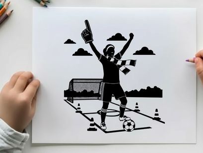 Silhouette of a triumphant soccer player celebrating a goal