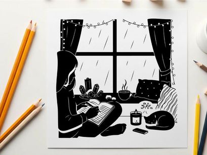 Silhouette of a person writing by a rainy window