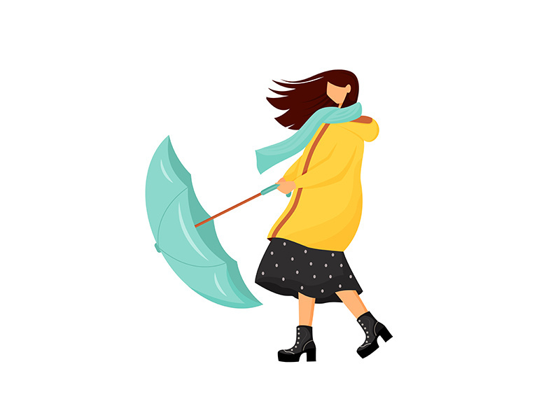 Woman with umbrella at storm flat color vector faceless character