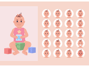 Emotional conditions of baby girl semi flat color character emotions set preview picture