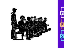 A group of people sitting in a line with one standing beside them