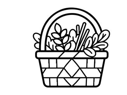 Hand-drawn Halloween basket with lilies for festive decor. Vintage style woven trick-or-treat container filled with spooky floral elements.