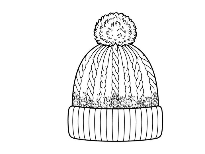 Winter knitted beanie hat with pompom and snowflake pattern line art illustration
