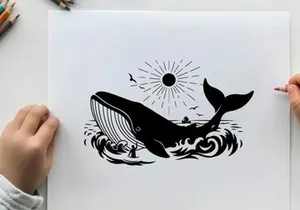 Whale silhouette swimming under sunny ocean waves