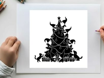 Black silhouette of a christmas tree with cats and presents